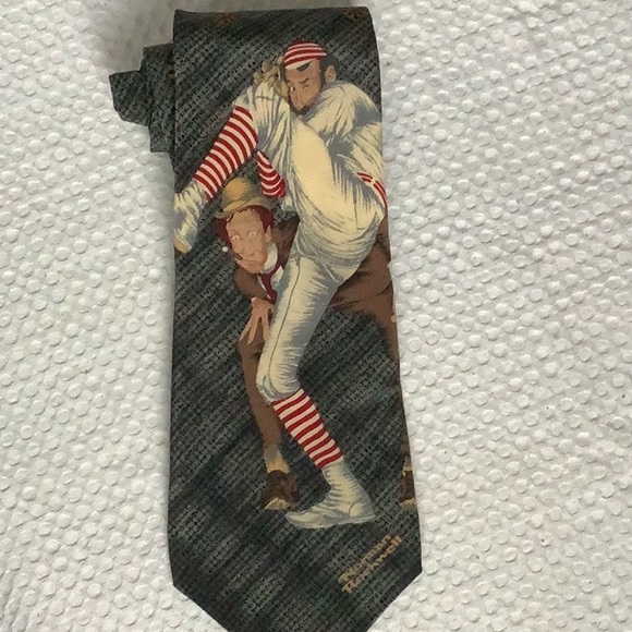 Norman Rockwell Vintage Baseball Theme Silk Neck Tie - Picture 2 of 6